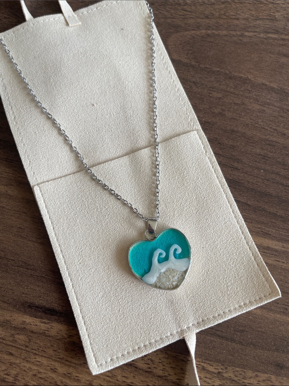Heart Pendant Necklace with Turquoise Wave Design - Silver Tone
